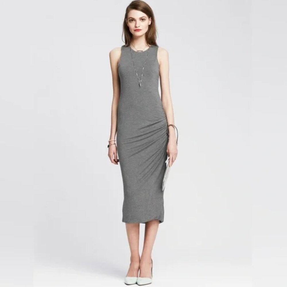 NWT  XS Soft Banana Republic GREY Ruched Jersey Midi Dress